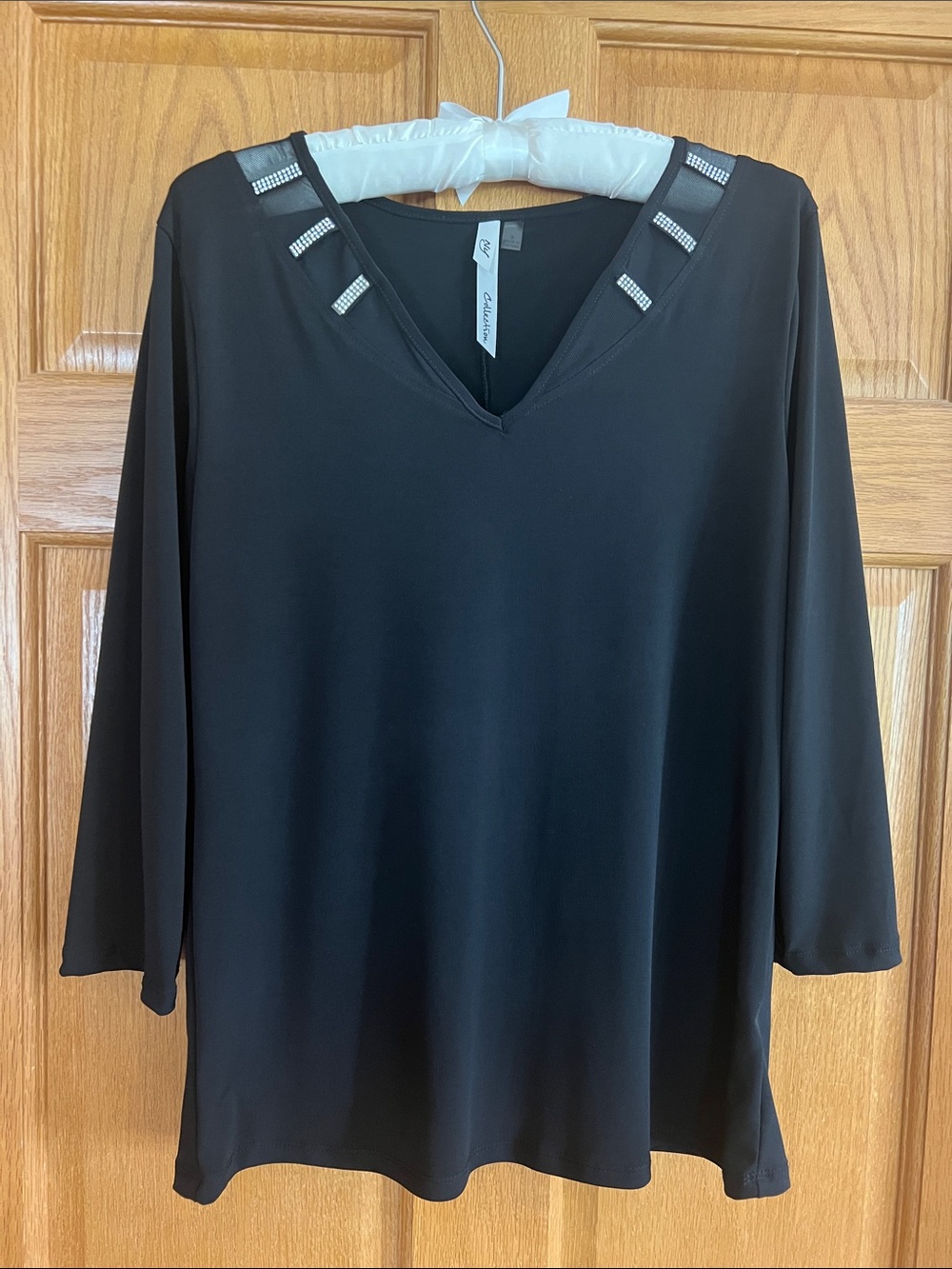 Chaus Black V-Neck Tunic with Rhinestone Shoulder Accents